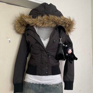 New Womens Black Fleece Lined Jacket Brown Faux Fur Hood XS